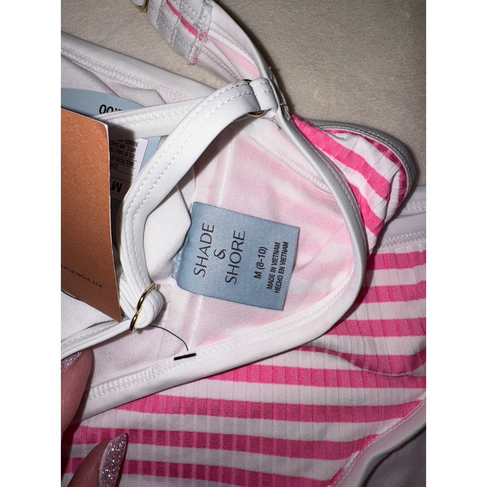 Shade & Shore Pink Striped Bikini & Calypsa White Ribbed Tankini Set Womens M - Picture 4 of 5